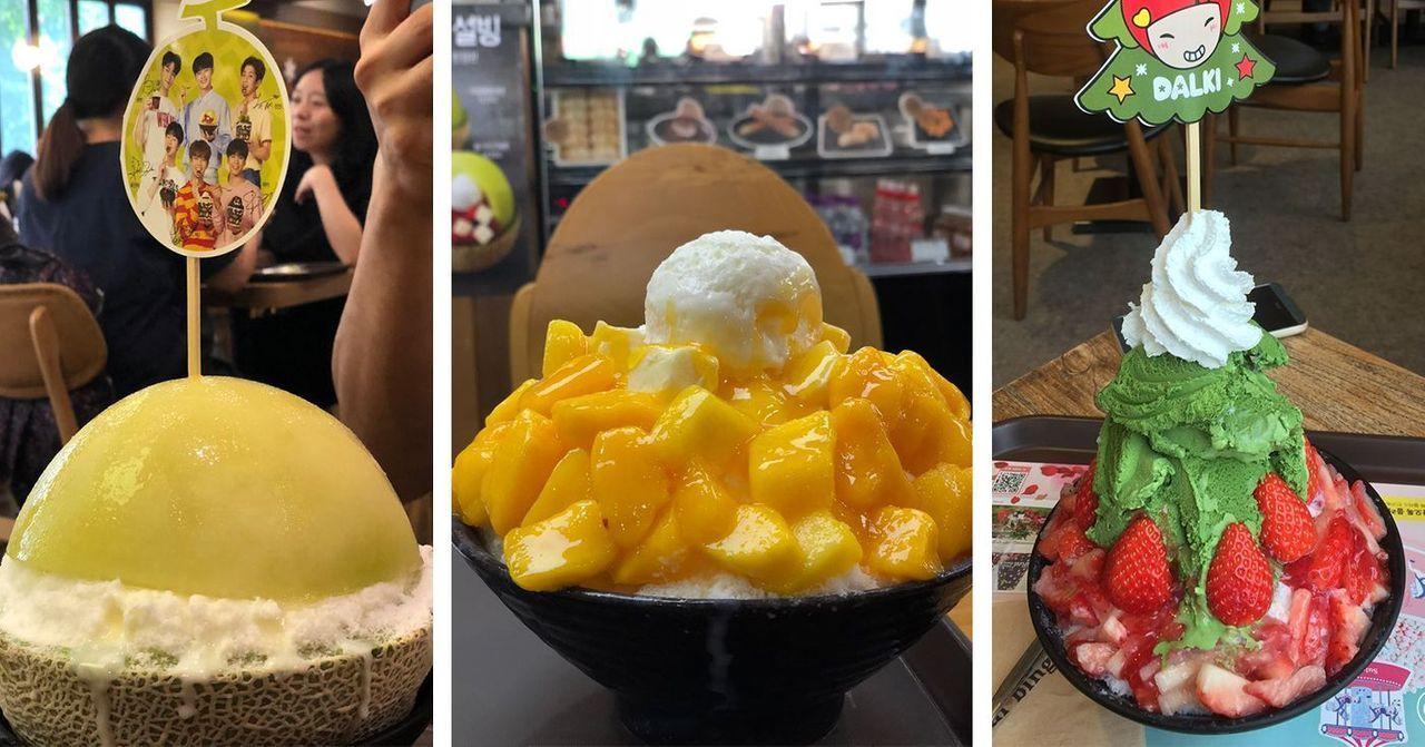 多種韓國雪冰，包括蜜瓜雪冰、芒果雪冰和抹茶草莓雪冰